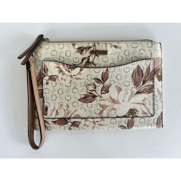 GUESS Handbags - Guess Large Floral Wristlet Clutch Wallet White Tan Floral